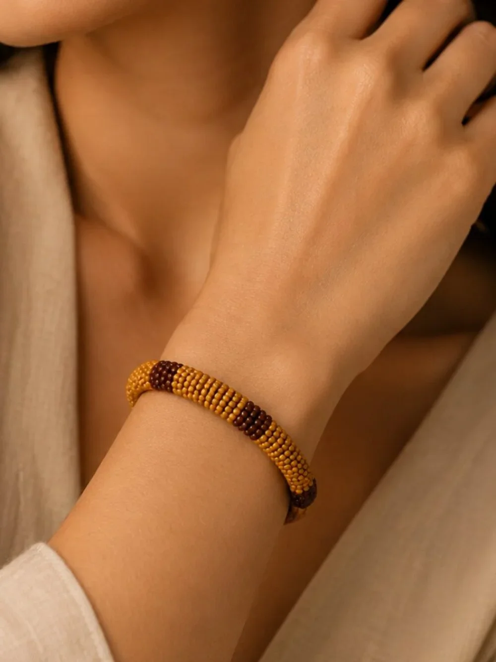 African Masai Inspired Beaded Bangle Tan Brown